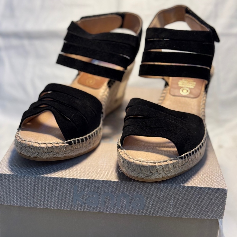 🖤 Kanna Black Suede Espadrille Wedge Sandals — NEW in Box